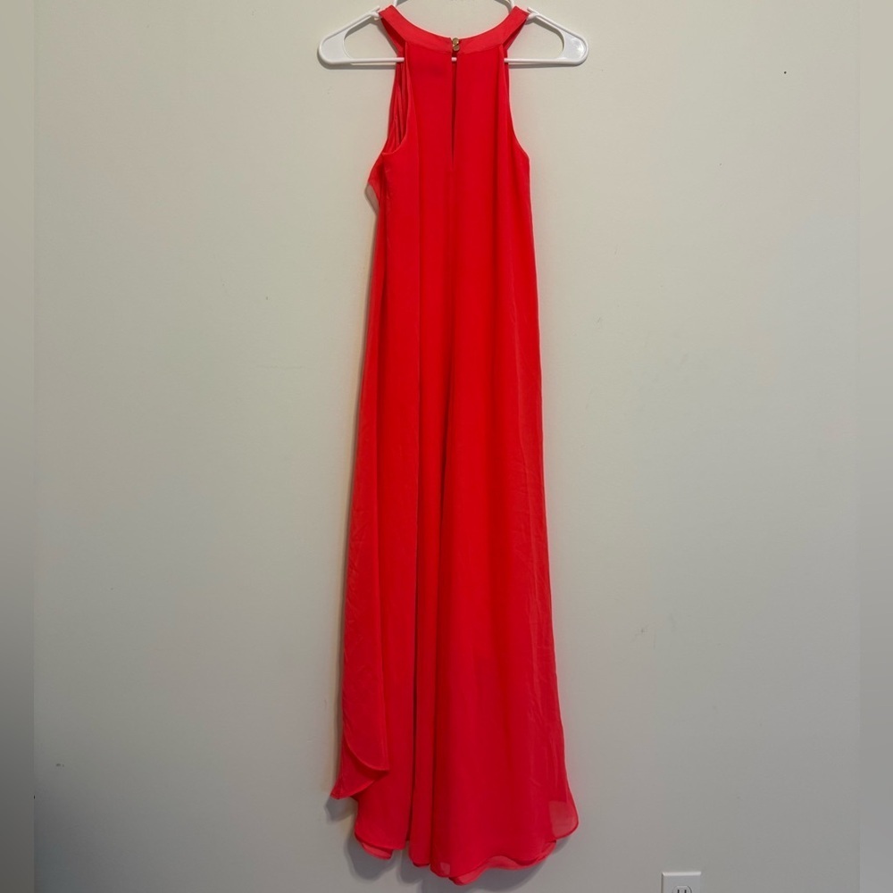 2/$30 Jennifer Lopez - Vibrant Coral Ruffle Maxi High Low Dress - Isla del Sol - Picture 8 of 9